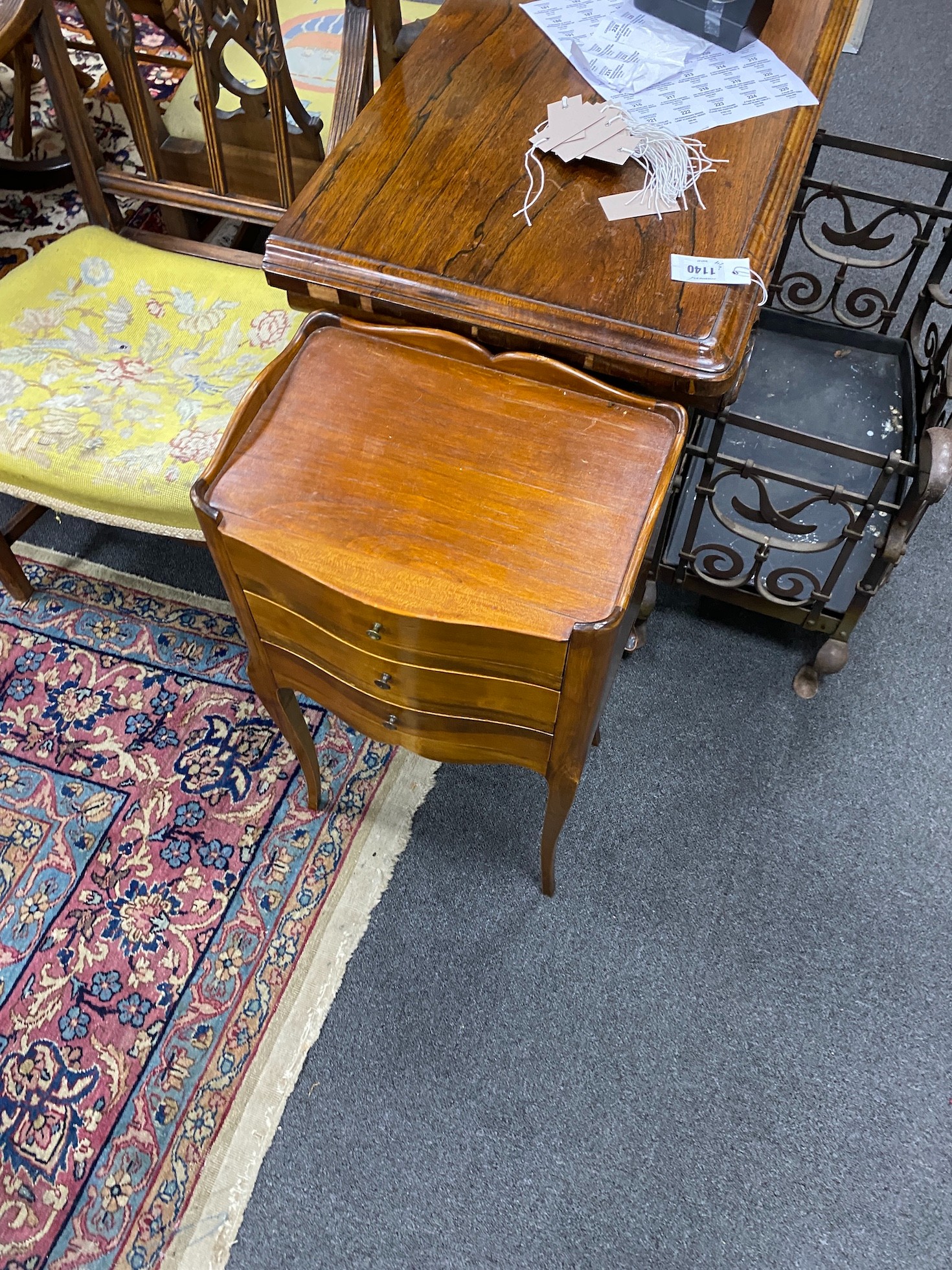 A pair of French cherry wood bedside tables, width 37cm, depth 26cm, height 70cm